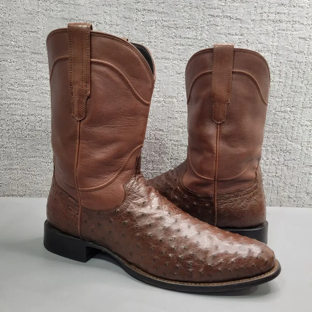 Tecovas The Earl Mens Size US 13D Hazelnut Ostrich Leather Pull-On Roper Boots